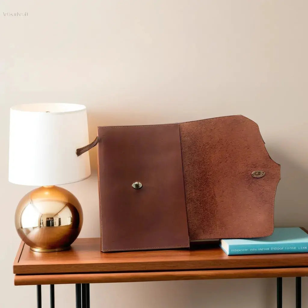 Handmade leather journal with gold butterfly clasp, perfect for gifts and travel